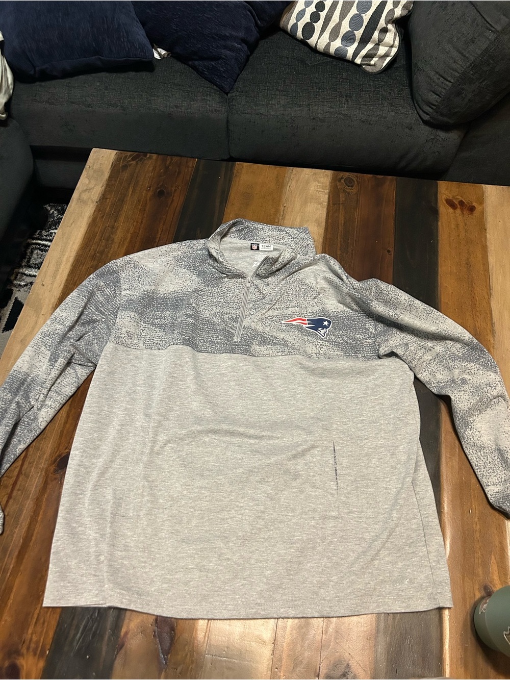 NFL Gray and Navy Quarter-Zip Sweater with Patriots Logo
